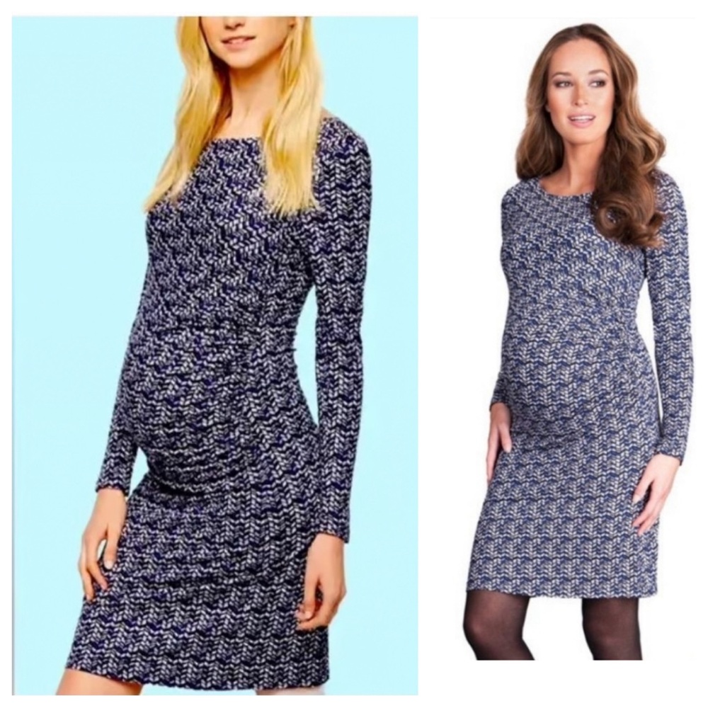 Seraphine Maternity Geometric Print Long Sleeve Ruched Knit Dress Blue EUC Sz 4
